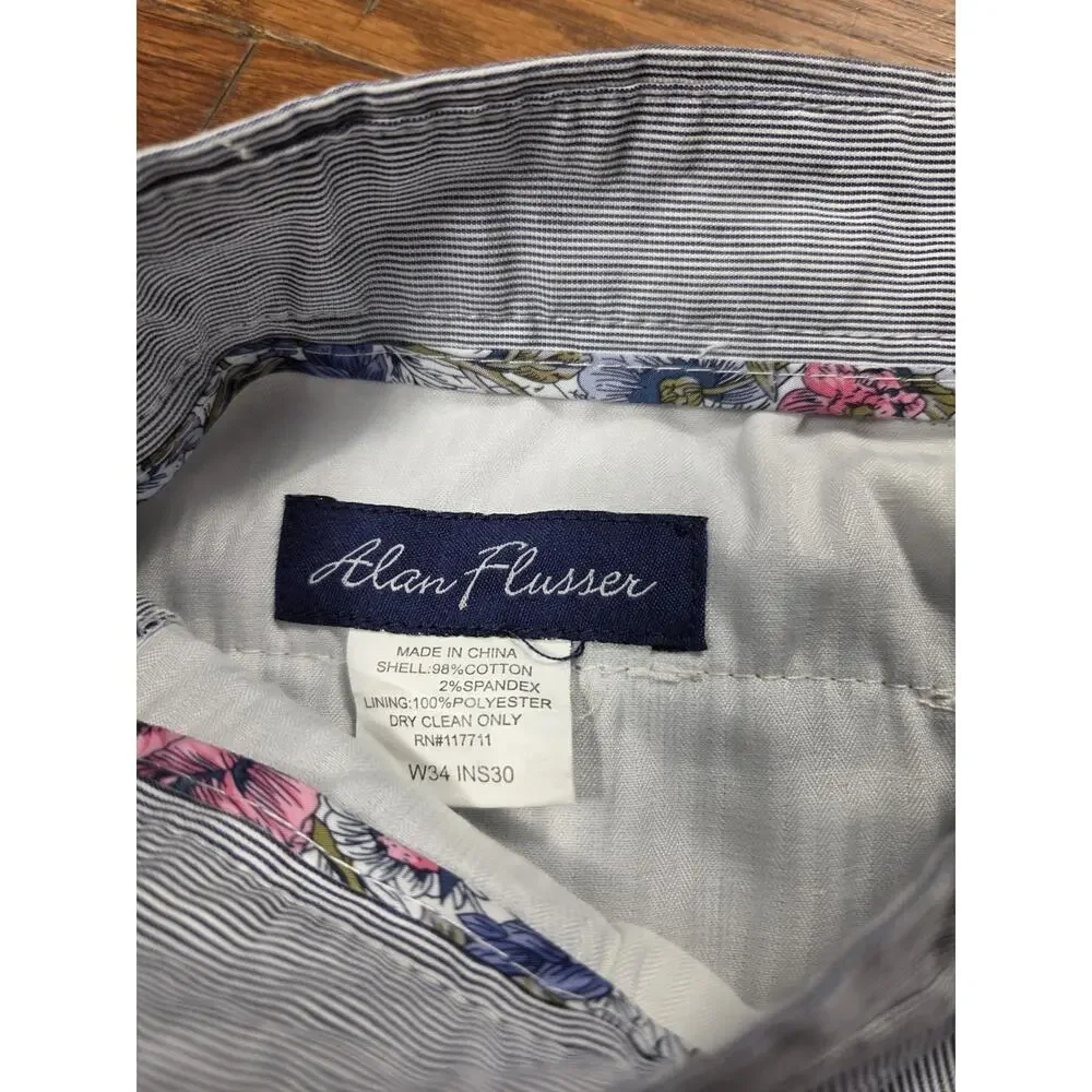Alan Flusser Mens Pants 34x30 Blue Gray Stripe Cotton Stretch Dress Chino